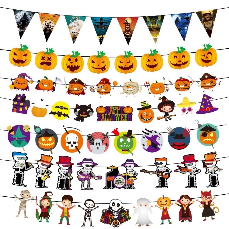 Dây Cờ Treo Trang Trí Halloween Bằng Giấy Họa Tiết Đầu Lâu Phù Thủy Sáng Tạo Dành Cho Trẻ Em