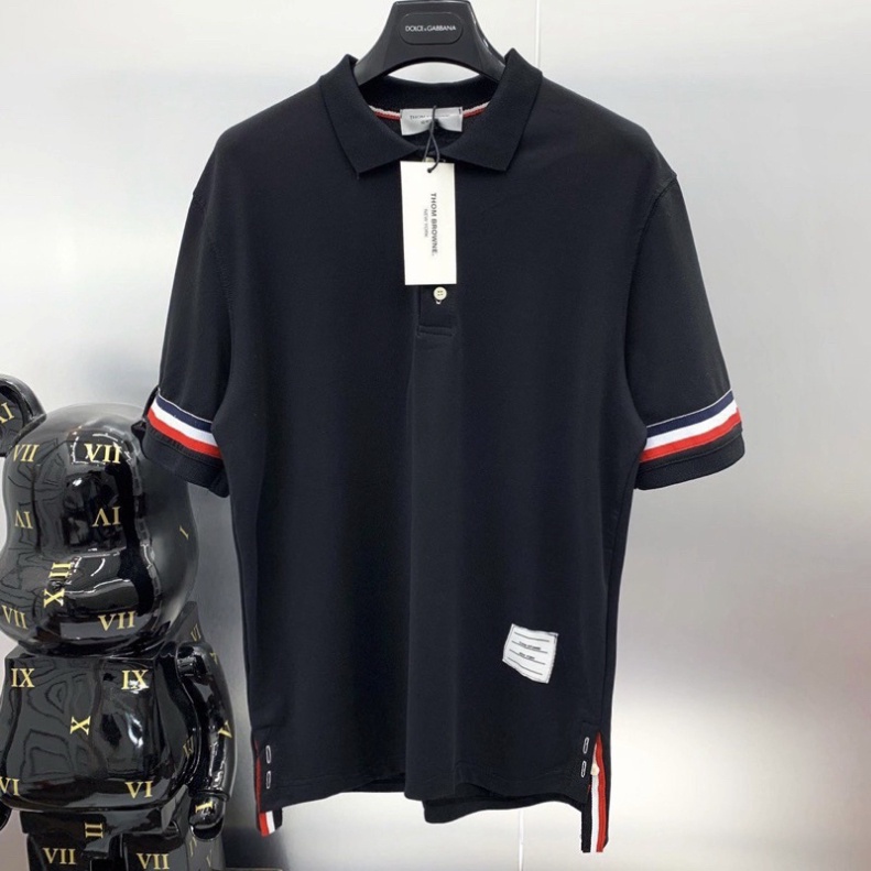 Áo Polo Nam Cotton Pha Thêu Vạch Thom Hai Ống Tay
