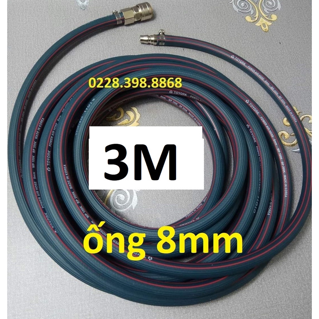 Dây hơi cao su bố vải 3m, made in Korea, lỗ 8mm, kèm bộ đầu nối nhanh cao cấp (SS1983) (SS6704)