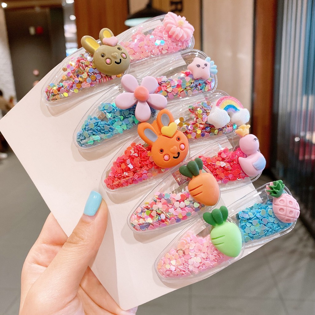 Set 5 cái kẹp bấm tóc mái kim tuyến hoạt hình cho bé gái siêu cute