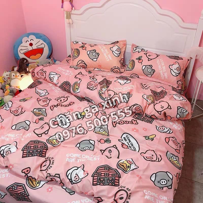 Trọn Bộ 5 Món Ga Gối Chăn Phao Poly Cotton Kichemo Có Ruột Bông Dày Loại 1 ( Nhắn Chọn Mẫu )