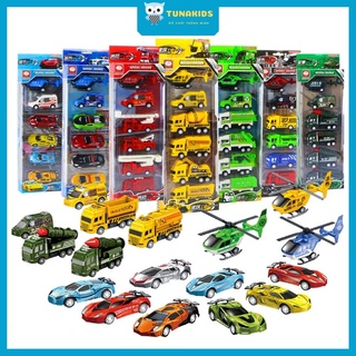 Xe ô tô đồ chơi mô hình set bộ 6 xe: xe cứu hỏa, quân đội, máy bay, xe công trình, xe cứu thương,… cho bé TunaKids