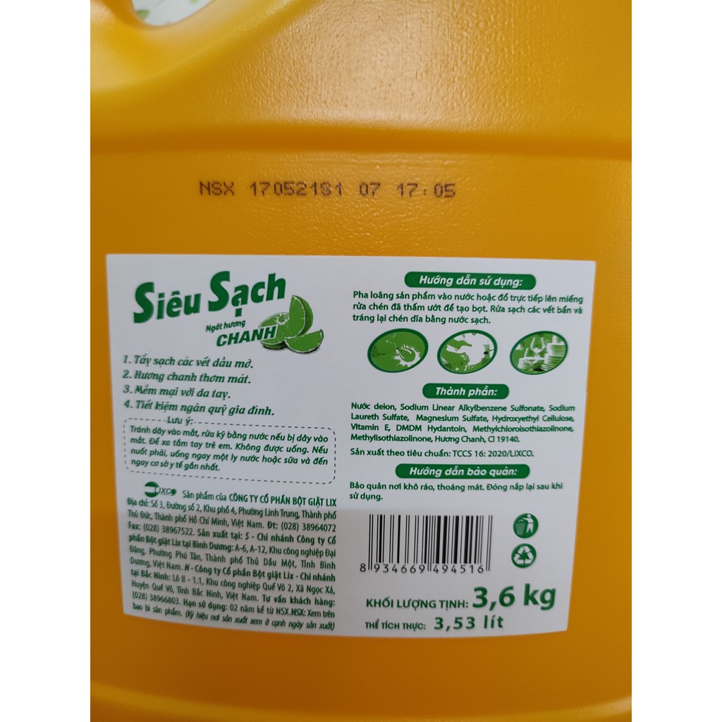 Nước rửa chén Lix siêu sạch hương chanh 3.6 kg