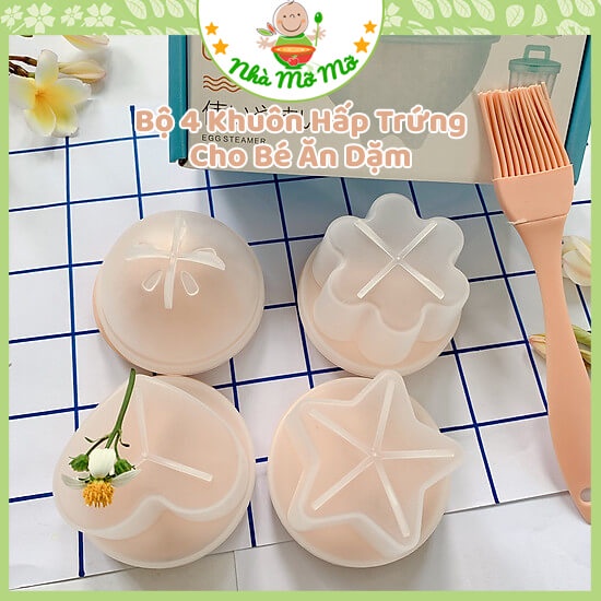 Bộ 4 Khuôn Hấp Trứng, Pudding, Thạch, Caramen Cho Bé Ăn Dặm (tặng kèm chổi) - Nhà Mỡ Mỡ