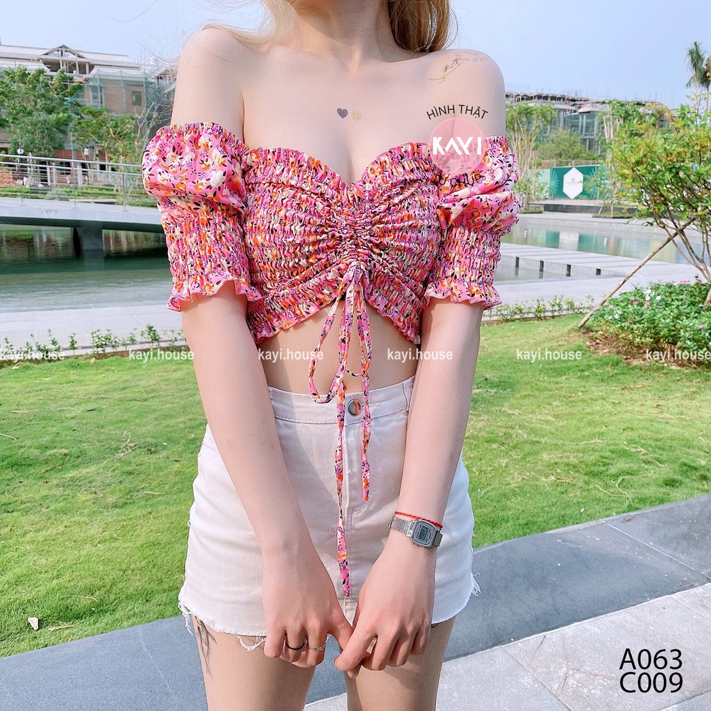 [Mã FAMAYWA giảm 10K đơn 50K] Áo croptop hoa nhún rút giữa tay ngắn - ảnh thật - A063 | BigBuy360 - bigbuy360.vn