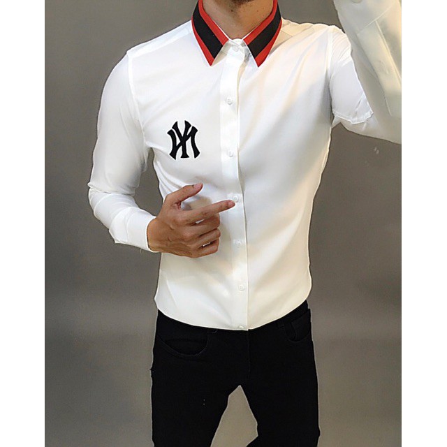 Áo Sơ Mi Trắng Thêu Ngực Và Phối Viền Cổ Thời Trang