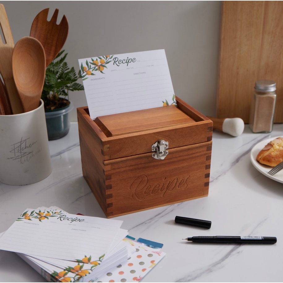Hộp gỗ decor khắc chữ Recipes, đựng công thức nấu ăn, card, đồ dùng nhà bếp