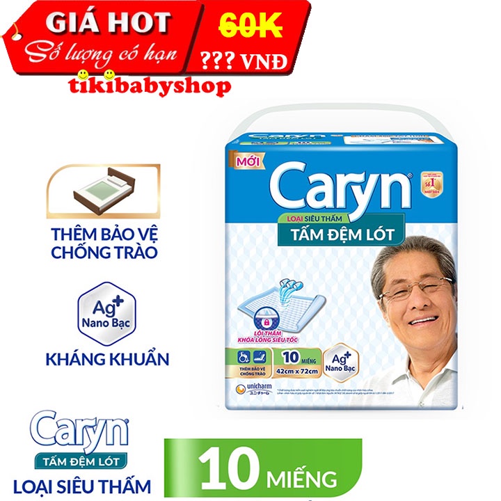 TẤM LÓT NGƯỜI LỚN SIÊU THẤM CARYN - 42 X 72 CM - BỊCH 10 MIẾNG