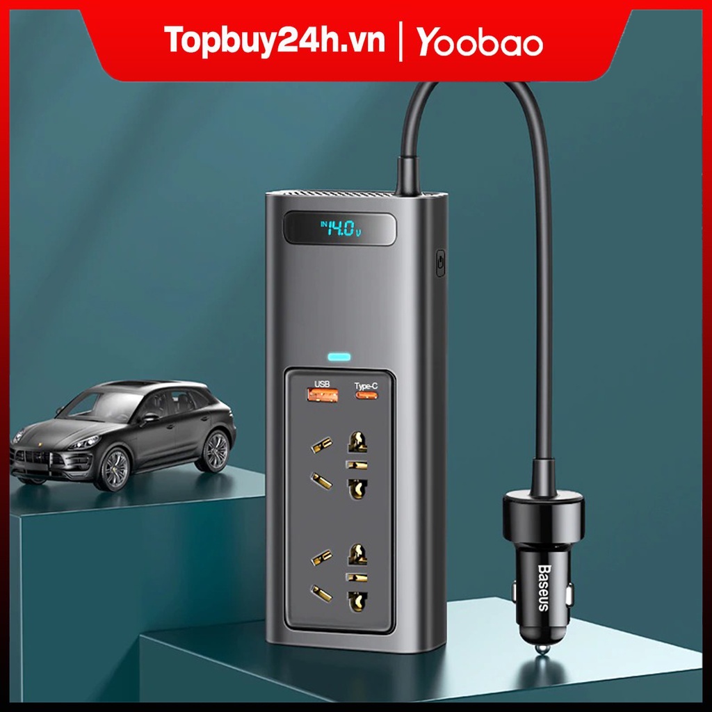 Tẩu chuyển đổi dòng điện Baseus DC 12V sang AC 220V 150W Ổ cắm sạc ô tô tự động chuyển đổi với 4 cổng ra