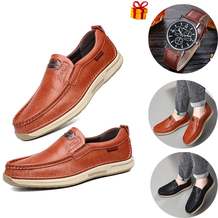 [Kèm Đồng Hồ Nam] Giày Lười Nam Da Bò Cao Cấp Đế Khâu Ôm Chân Bảo Hành Da 12 Tháng