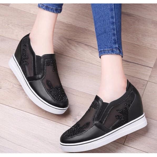 G1208 Xả kho giày lười nữ độn gót 6cm da thật phối lưới hàng nhập