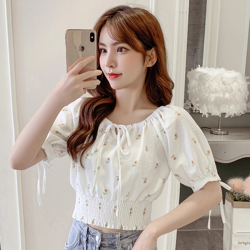 【Timi】 croptop nữ áo kiểu nữ Áo voan xếp ly hoa nhỏ xinh xinh thích