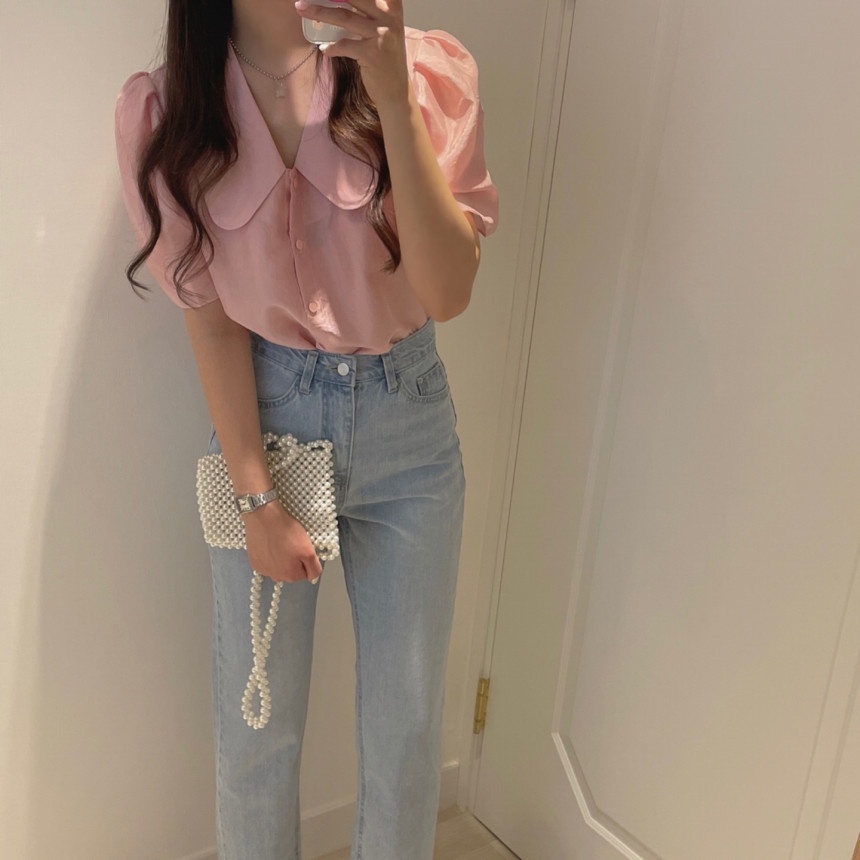 Áo SUXI tay phồng ngắn cổ búp bê màu trơn dễ phối đồ thời trang hè phong cách Hàn Quốc