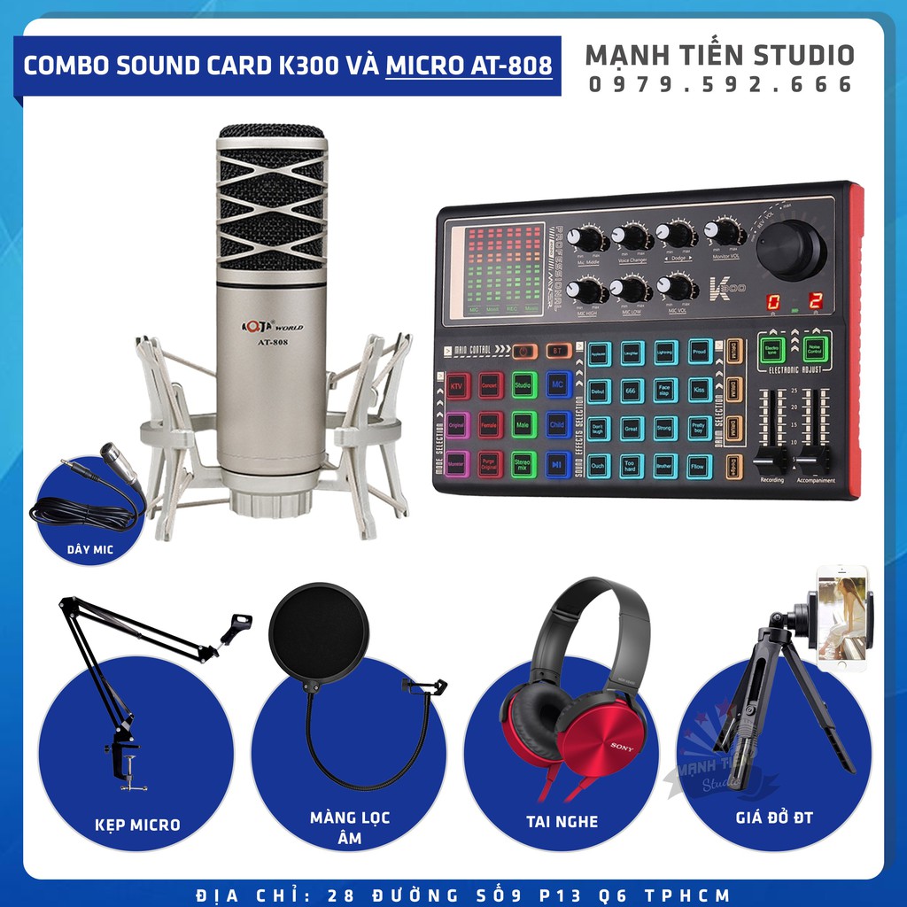 Combo thu âm, livestream Micro AQTA AT-808, Sound card K300 - Kèm full phụ kiện kẹp micro, màng lọc, tai nghe