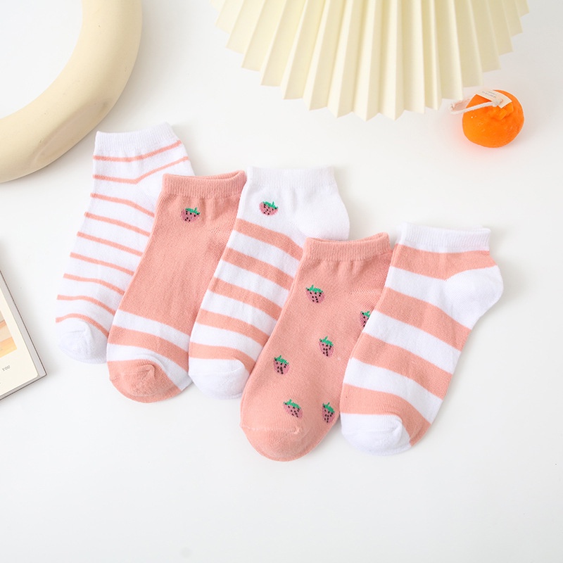 ❤️FREESHIP❤️ Tất - Vớ nữ Dâu tây Hồng Cotton Trơn Ulzzang Cổ Ngắn gân tăm Phong Cách Vintage Hàn Quốc