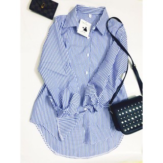 [Ảnh thật, sẵn 1 size L] Áo Sơ Mi Nữ Kẻ Sọc Xanh Dáng Rộng Khoét Tôm