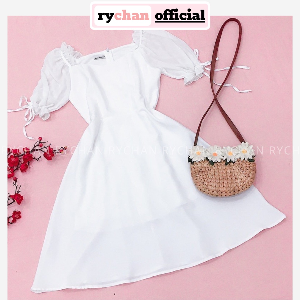 Đầm Dự Tiệc Sang Chảnh Form Ngắn Xòe Tay Phồng Nơ Cỏ Vuông Bo Eo Cực Hot Màu Trắng [ẢNH THẬT CUỐI] - DX9833
