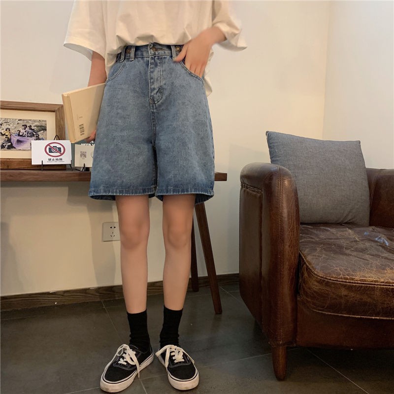 Xiaozhainv Quần đùi denim lưng cao dáng rộng phong cách cổ điển cho nữ | BigBuy360 - bigbuy360.vn