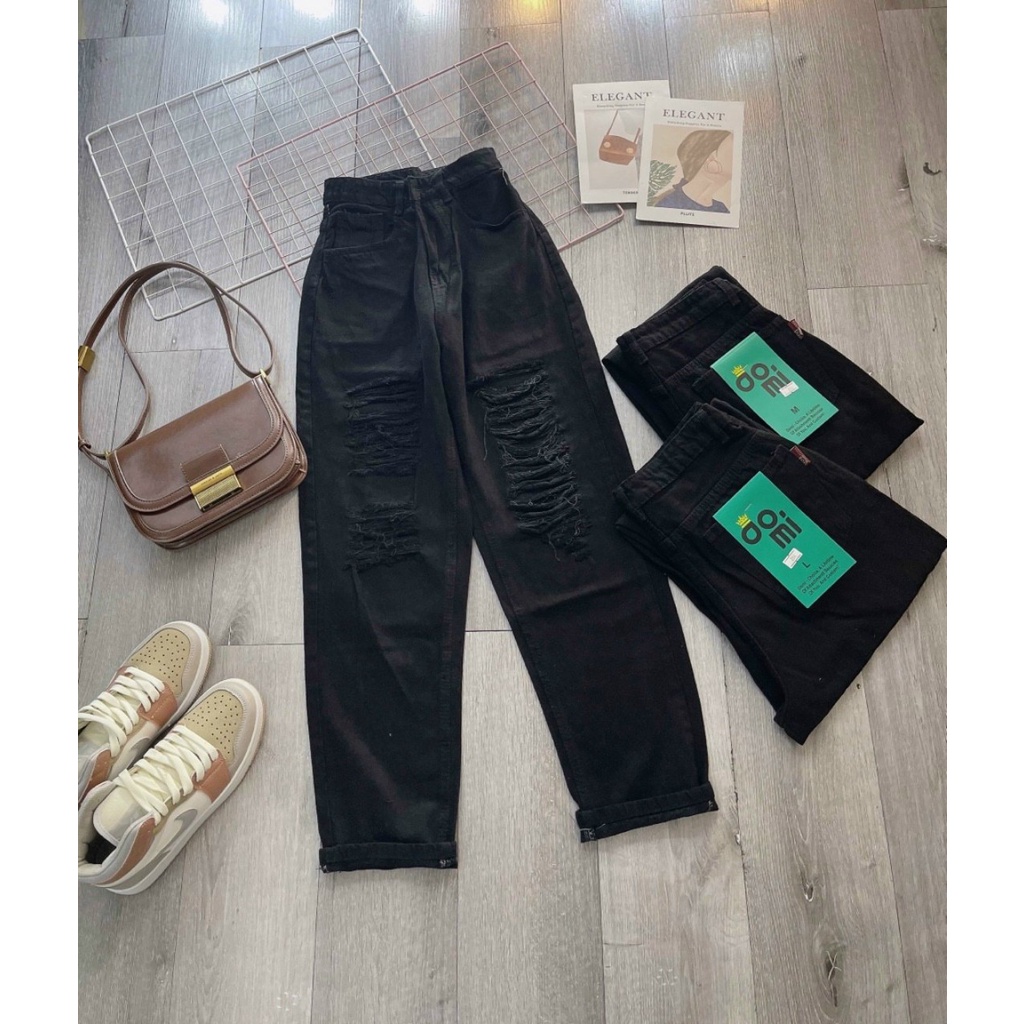 Quần bò nữ, Quần Baggy jean nữ lưng cao rách kiểu phong cách, Cạp quần cao vải không co dãn