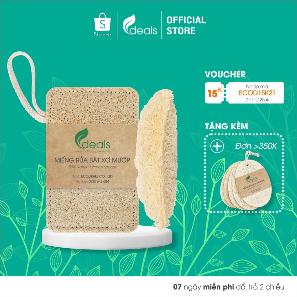 Xơ Mướp Rửa Chén, Rửa Bát, Xoong Nồi ECODEALS - 100% xơ mướp hữu cơ cao cấp - Tiêu chuẩn 11cm x 7cm