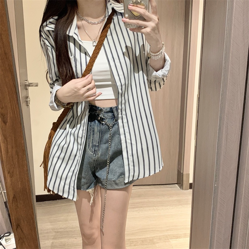 QKOOLE Áo sơ mi chống nắng kẻ sọc cổ điển phong cách Hàn Quốc cho nữ