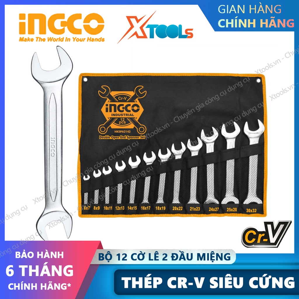 Bộ cờ lê 2 đầu miệng 12 chi tiết INGCO HKSPA2142 6-32mm dụng cụ cơ khí sửa chữa ô tô xe máy nhà cửa máy móc thiết bị