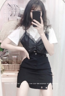Set áo croptop phối chân váy khoen
