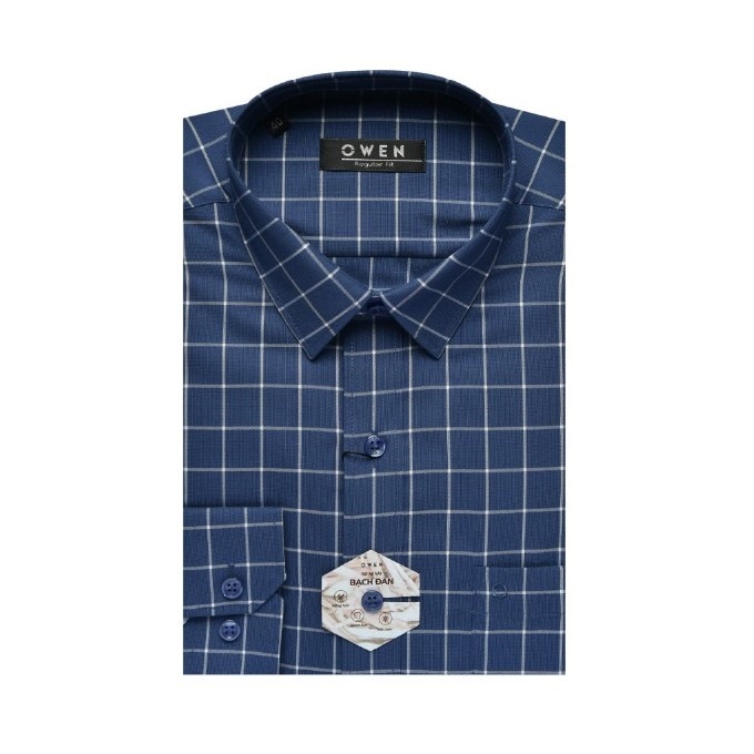 Áo Sơ Mi Nam Dài Tay Owen AR23393D Somi Công Sở Cao Cấp Màu Xanh Navy Kẻ Caro Trắng Dáng Suông Có Túi Chất Sợi Bạch Đàn