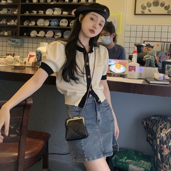[Hana And Alice] Áo Cardigan Dệt Kim Tay Ngắn Phồng Cổ Chữ V Thời Trang Trẻ Trung