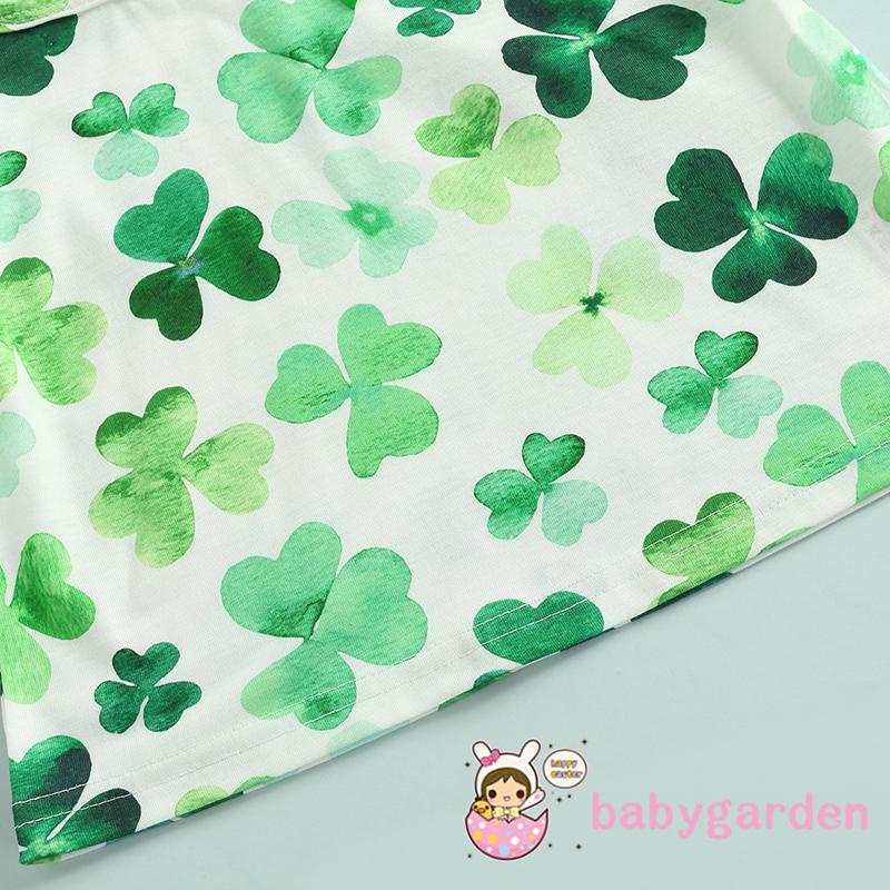 Bộ áo thun tay ngắn in hình cỏ ba lá + quần short màu xanh lá cây trơn thời trang cho bé gái 1-6 tuổi