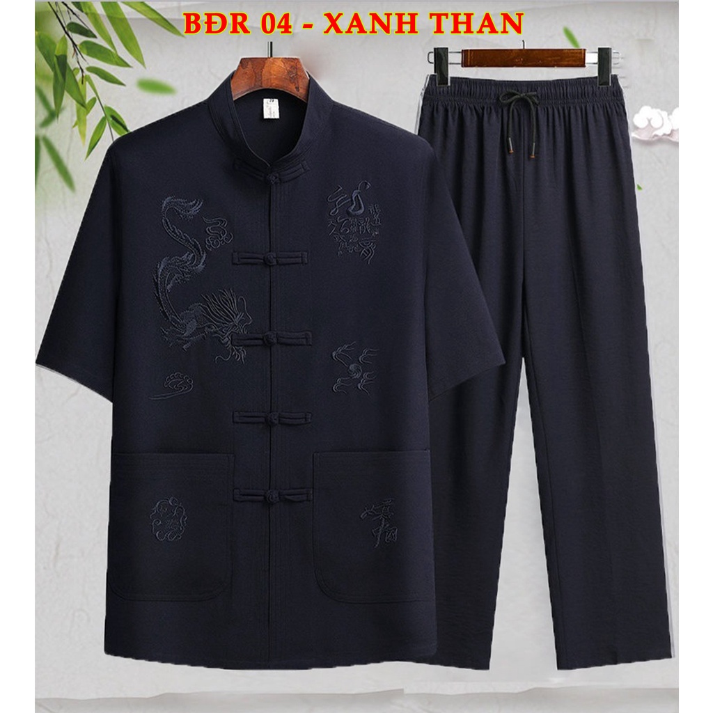 Bộ Đũi Trung Niên CỘC TAY  THÊU RÔNG PHONG CÁCH LỊCH LÃM .MÃ BĐR