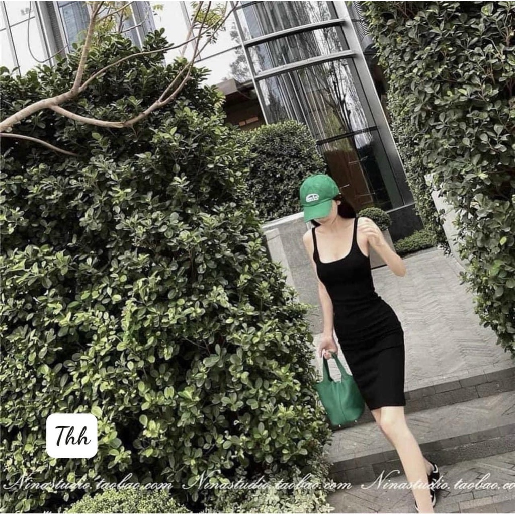 Đầm đen hay dây chât cotton zip dáng dài 110cm