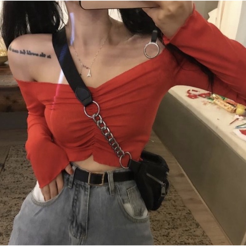 Áo Croptop Tay Dài Trễ Vai Nhiều Màu Sắc Nữ Tính Phong Cách Ulzzang Hot Trend 2022