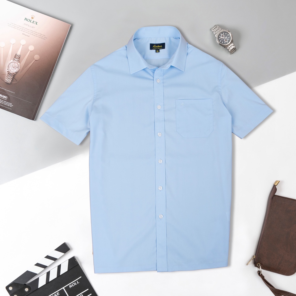 Áo Sơ Mi Nam Công Sở Trung Niên Anton Somianton Ngắn Tay Trơn Màu Xanh Vải Cotton  - YSN14