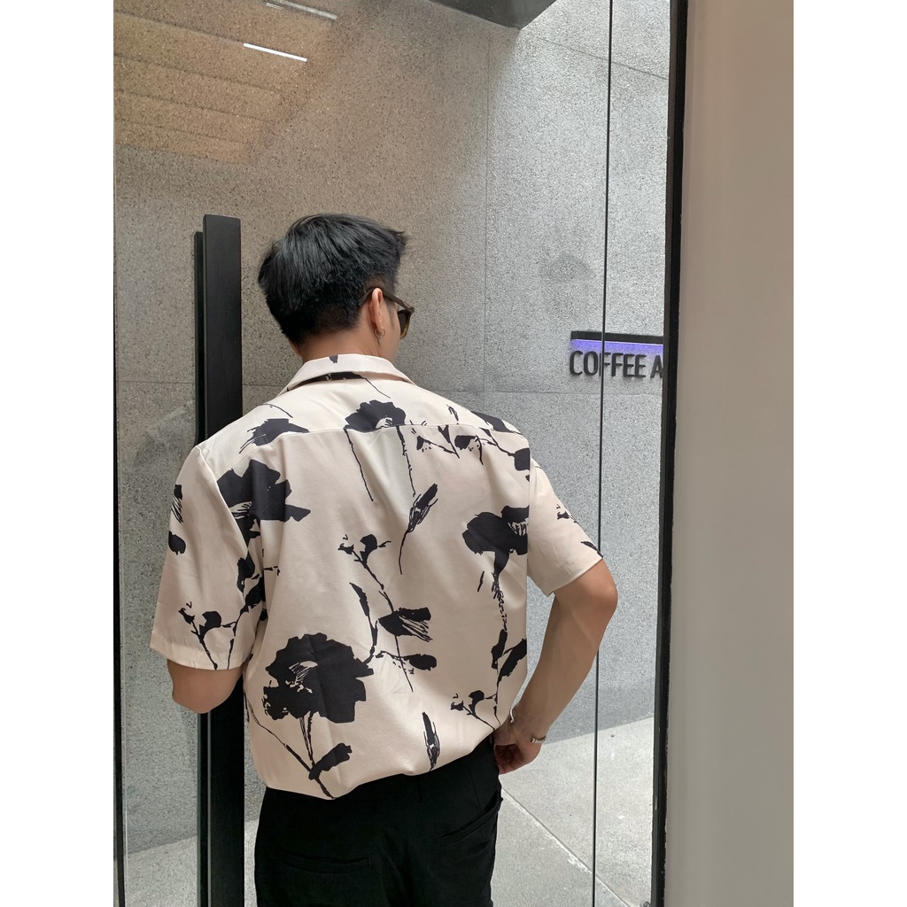Áo sơ mi nam ROWAY vải lụa thoáng mát, form regular, Sơ mi họa tiết dâm bụt