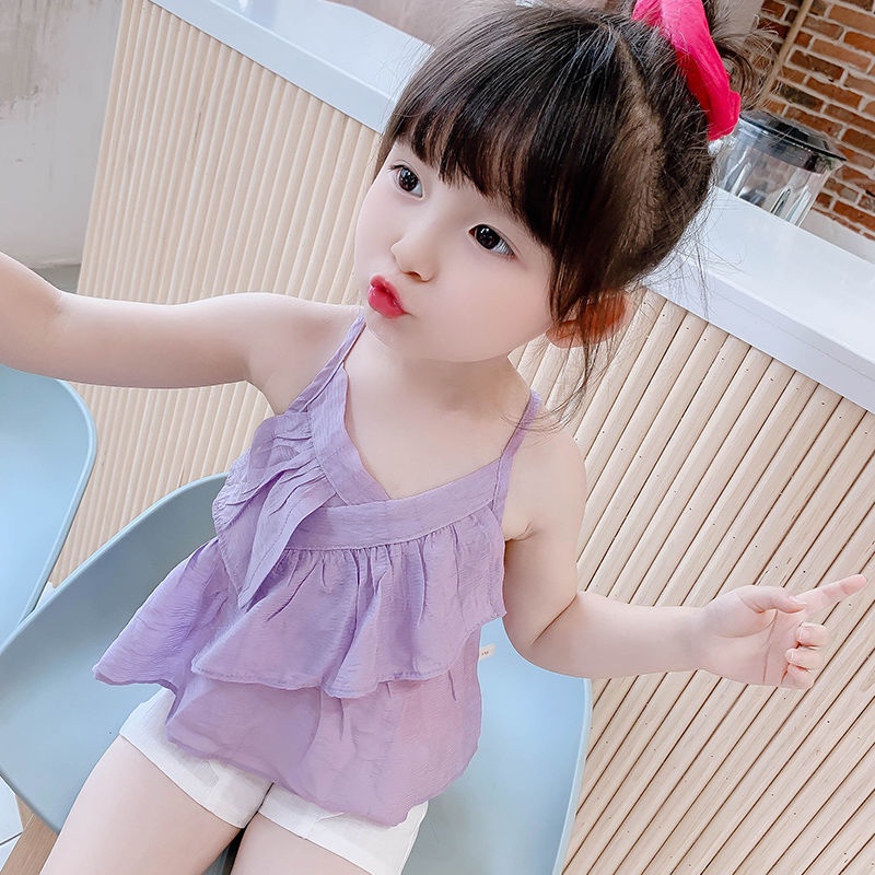 Bộ Áo Hai Dây Và Quần Short Vải Voan Thời Trang Mùa Hè Cho Bé Gái