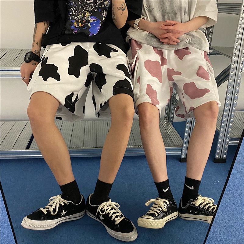 Spot2021Summer Street Trendy Workwear Shorts Male and Female Students Couple Trendy Brand Cow Full Printed Loose Sports Shorts for Women Shorts Pants Fashion Pants Wide-Leg Shorts High-Waist Shorts