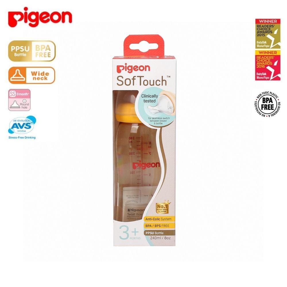 Bình sữa Pigeon Softouch cổ rộng dung tích 160ml / 240ml chất liệu PPSU an toàn cho bé (PHIÊN BẢN MỚI) - Dom Dom Kids