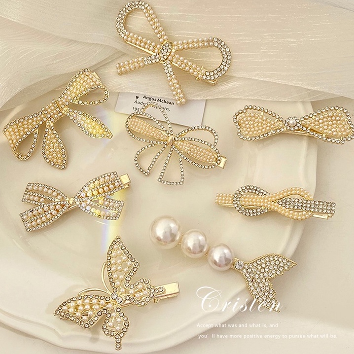 Kẹp Tóc Hình Nơ Đính Đá Ngọc Trai Lấp Lánh 2023 Mới