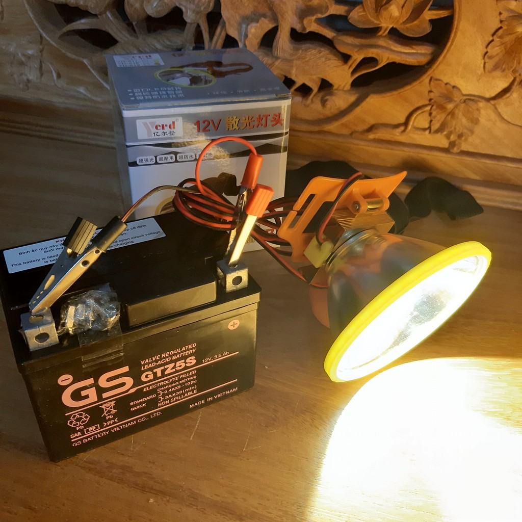 Đèn pin đội đầu kẹp bình ác quy 12v siêu sáng ,ánh sáng vàng
