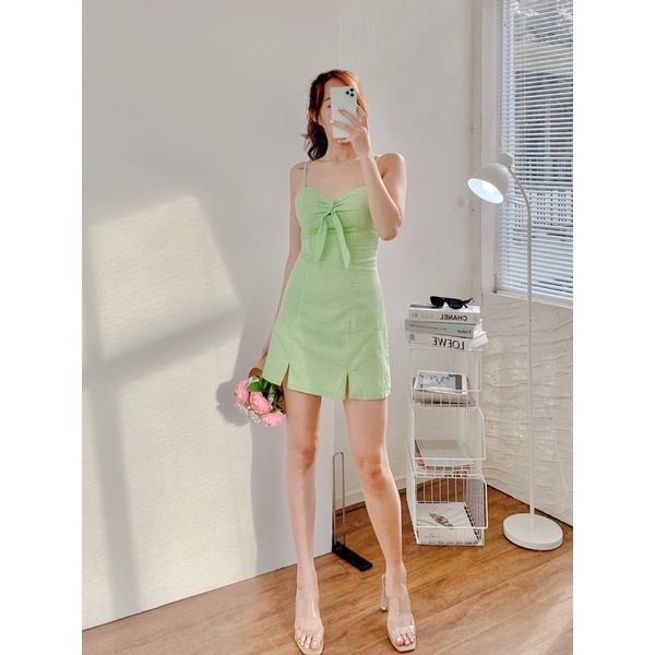 Váy 2 dây dáng chữ A thiết kế thắt nơ ngực tôn dáng 2 lớp có mút ngực MIEU - JJN13