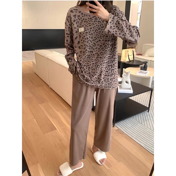 [Quà Tặng Kèm] Set Bộ Đồ Ngủ Thu Đông Nữ Dài Tay Hoạ Tiết Da Báo