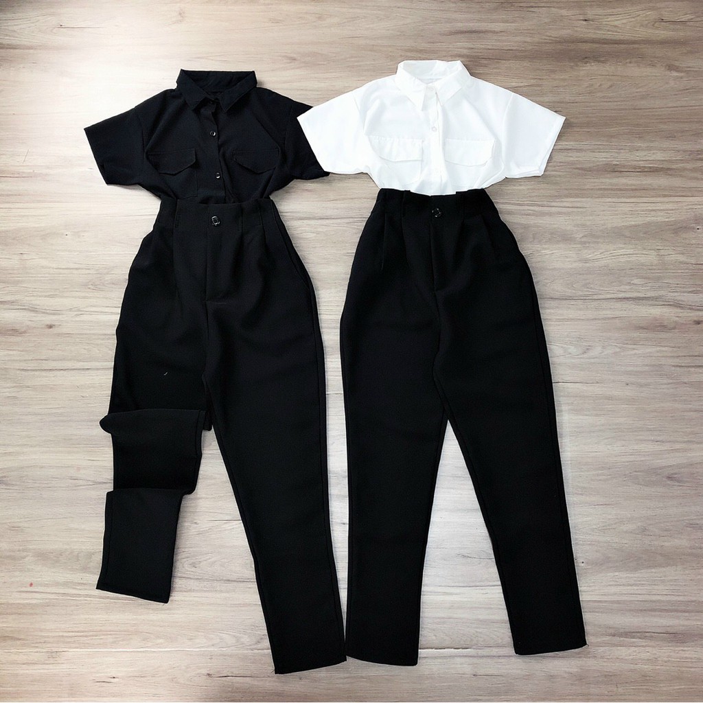 Set áo sơ mi túi nắp tay ngắn phối quần baggy tuyết mưa nhún eo dày dặn- giá siêu rẻ