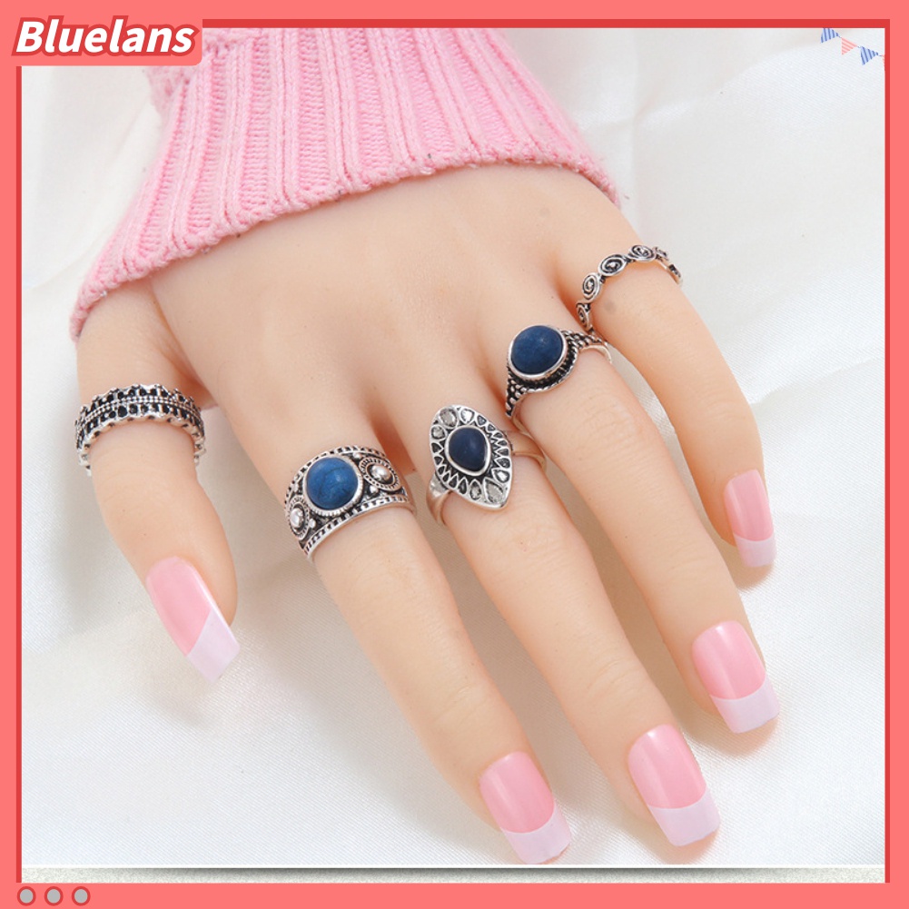 Bộ 5 Nhẫn Hợp Kim Đính Đá Xanh Phong Cách Bohemian