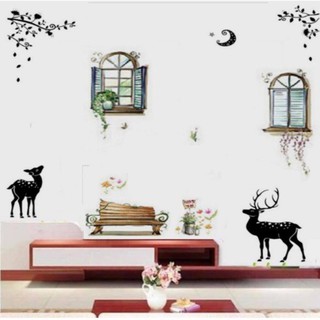 Combo 2 bức decal dán tường khung cửa sổ và hươu đen