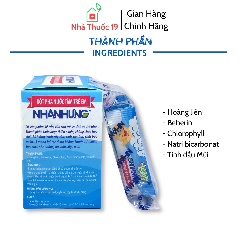 Bột Pha Nước Tắm Nhân Hưng - Giúp Sạch Da, Kháng Khuẩn, Giảm Bệnh Ngoài Da, Hăm Da, Chàm Sữa, Rôm Sẩy (Hộp 30 Gói)