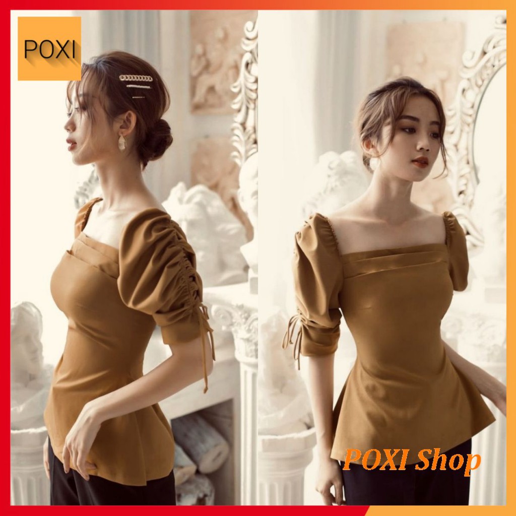 [ẢNH THẬT] Áo Vai Phồng Dây Rút Cổ Vuông Tay Lỡ Xếp Ly Ngực (VÀNG BÒ+TRẮNG)