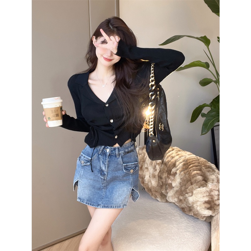 Áo croptop ZHELIHANGFEI dệt kim tay dài cổ polo phối dây rút phong cách trẻ trung thời trang quyến rũ cho nữ