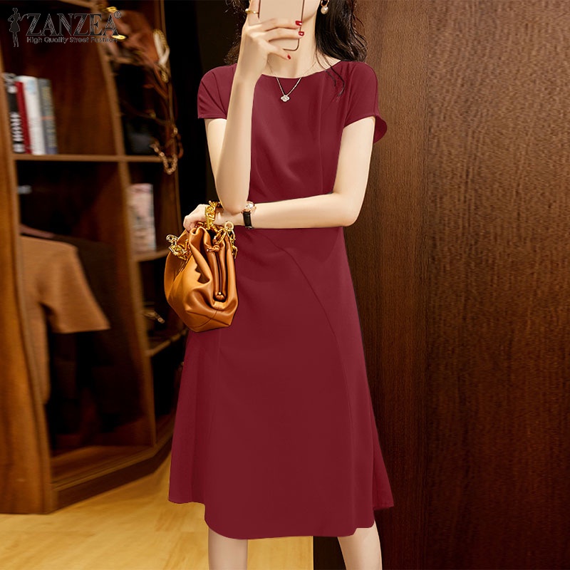 Đầm midi Zanzea tay ngắn có khóa kéo màu trơn thời trang phong cách Hàn Quốc cho nữ