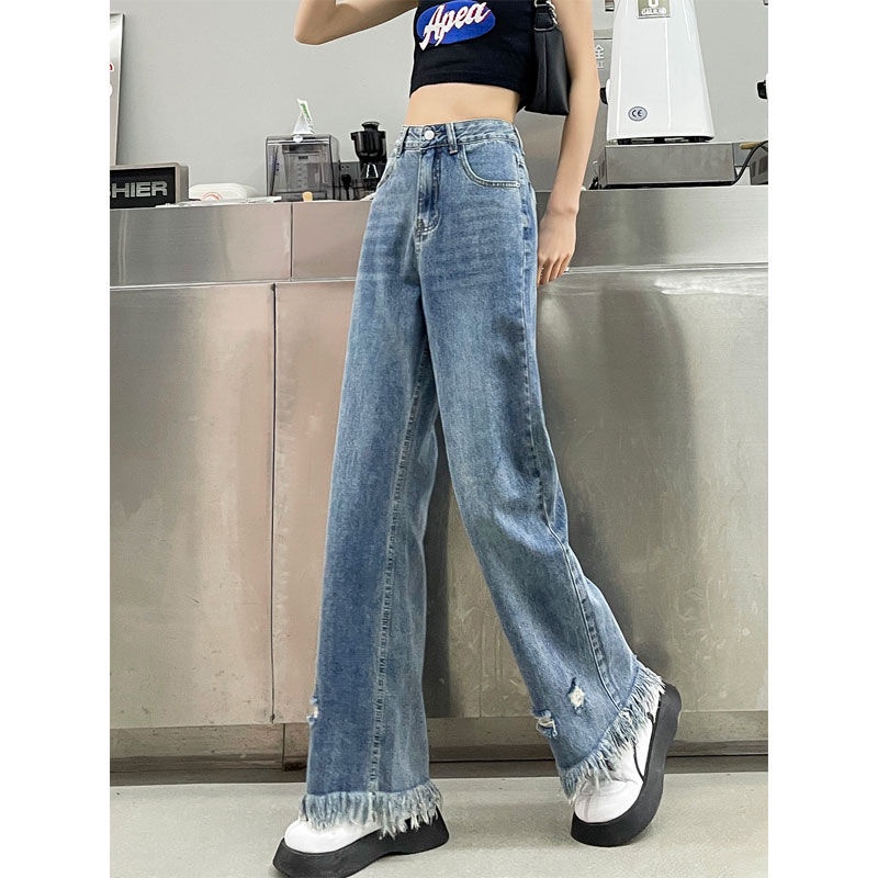 Jiashucheng Quần Jean Nữ Ống Rộng Lưng Cao Phối Tua Rua Phong Cách Harajuku Đường Phố